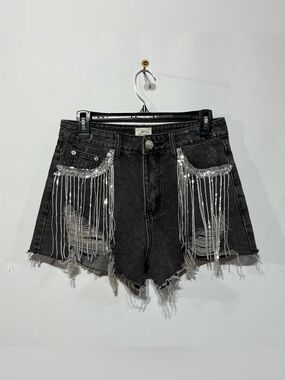 Blue Buttercup Black Denim Shorts with Silver Sequin Fringe Size Small nwot
